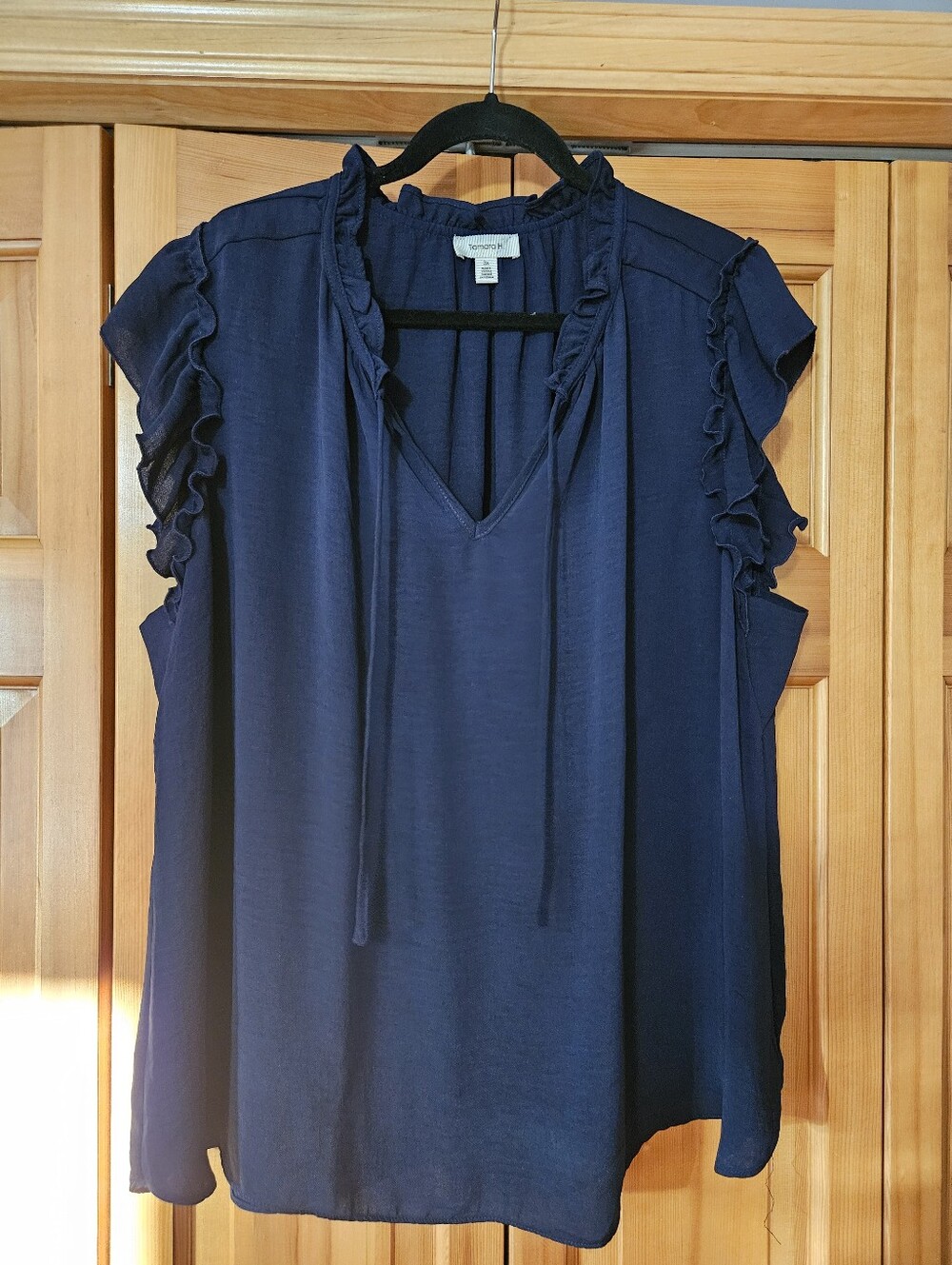 V-Neck Navy Blouse with Tie Detail